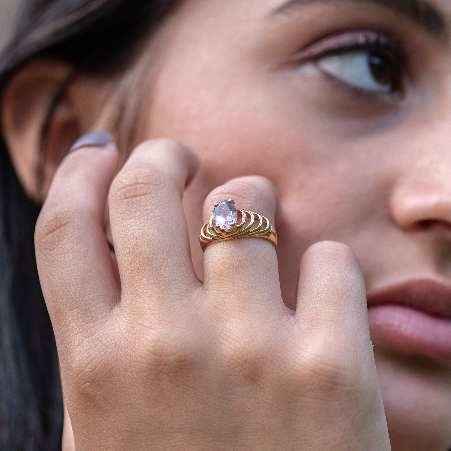 Vintage 1980s Genuine Amethyst Ring - 18kt Yellow Gold Electroplated - Made in USA jewelry image 1