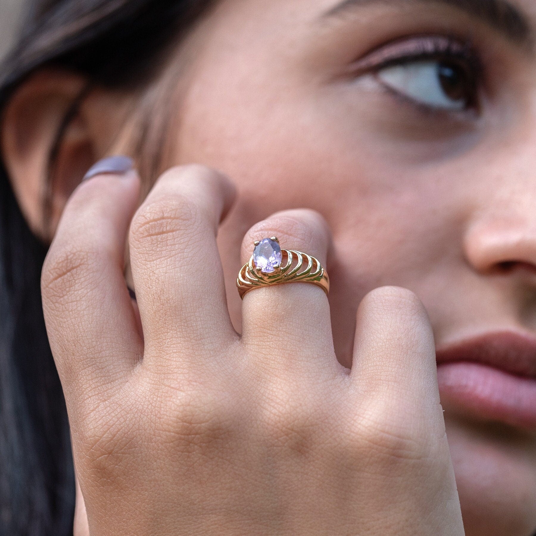 Vintage 1980s Genuine Amethyst Ring - 18kt Yellow Gold Electroplated - Made in USA jewelry image 1