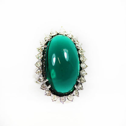 Vintage Emerald Green Cabochon Crystal Cocktail Ring - 18kt Yellow Gold Electroplated with Clear Austrian Crystals jewelry image 1