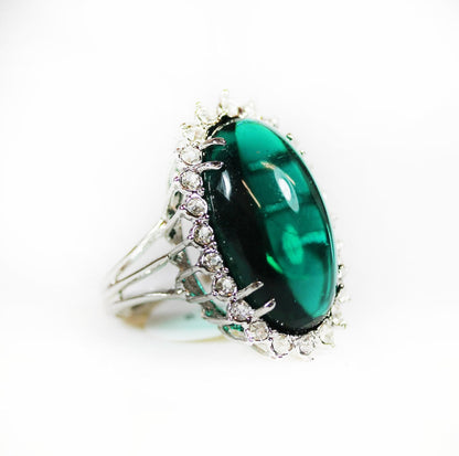 Vintage Emerald Green Cabochon Crystal Cocktail Ring - 18kt Yellow Gold Electroplated with Clear Austrian Crystals jewelry image 1