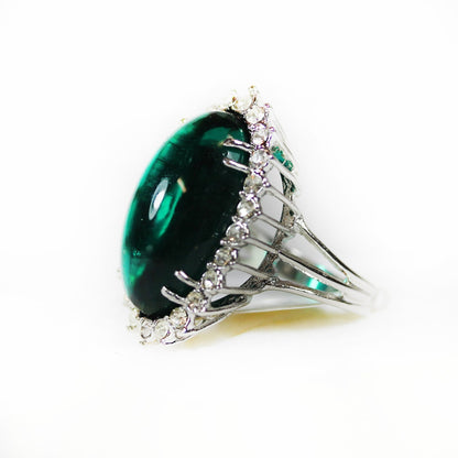 Vintage Emerald Green Cabochon Crystal Cocktail Ring - 18kt Yellow Gold Electroplated with Clear Austrian Crystals jewelry image 1