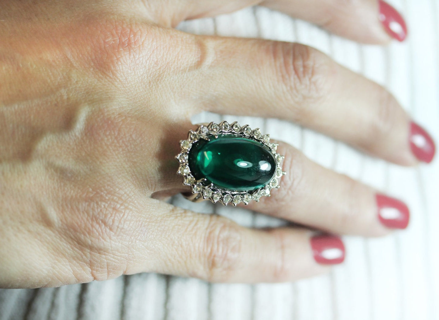 Vintage Emerald Green Cabochon Crystal Cocktail Ring - 18kt Yellow Gold Electroplated with Clear Austrian Crystals jewelry image 1