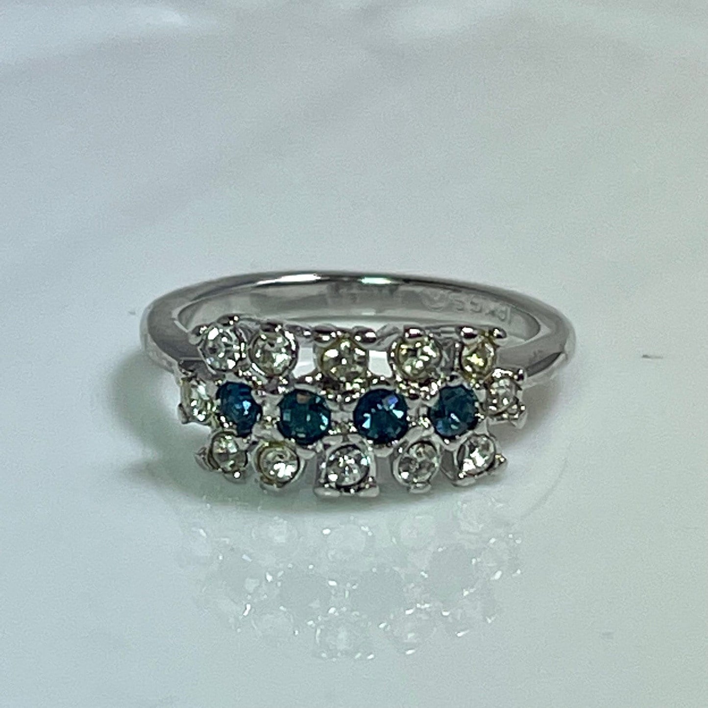Vintage 1970s Sapphire and Clear Austrian Crystal Cluster Ring - 18k White Gold Plated jewelry image 1