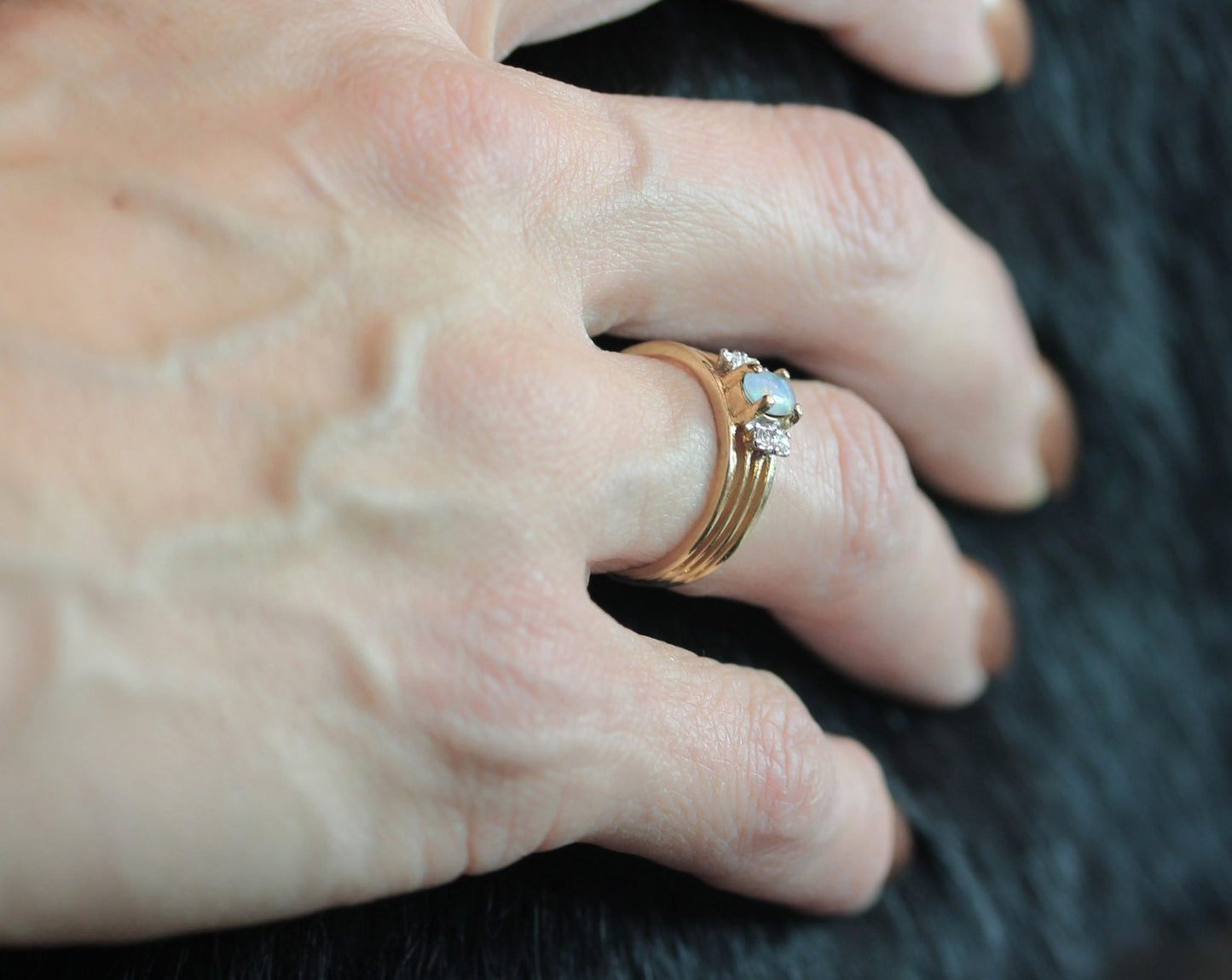 Vintage Genuine Triplet Opal Ring with Austrian Crystal Accents - 18k Gold Plated jewelry image 1