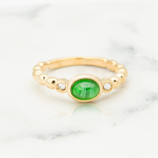 Vintage 1980s Peridot Green Cabochon & Clear Crystal 18kt Gold Electroplated Ring jewelry image 1