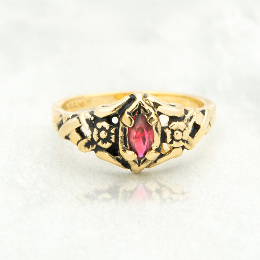 Vintage Siam Red Marquise Crystal Ring - 18k Gold Electroplated Antiqued Floral Design - Made in USA jewelry image 1
