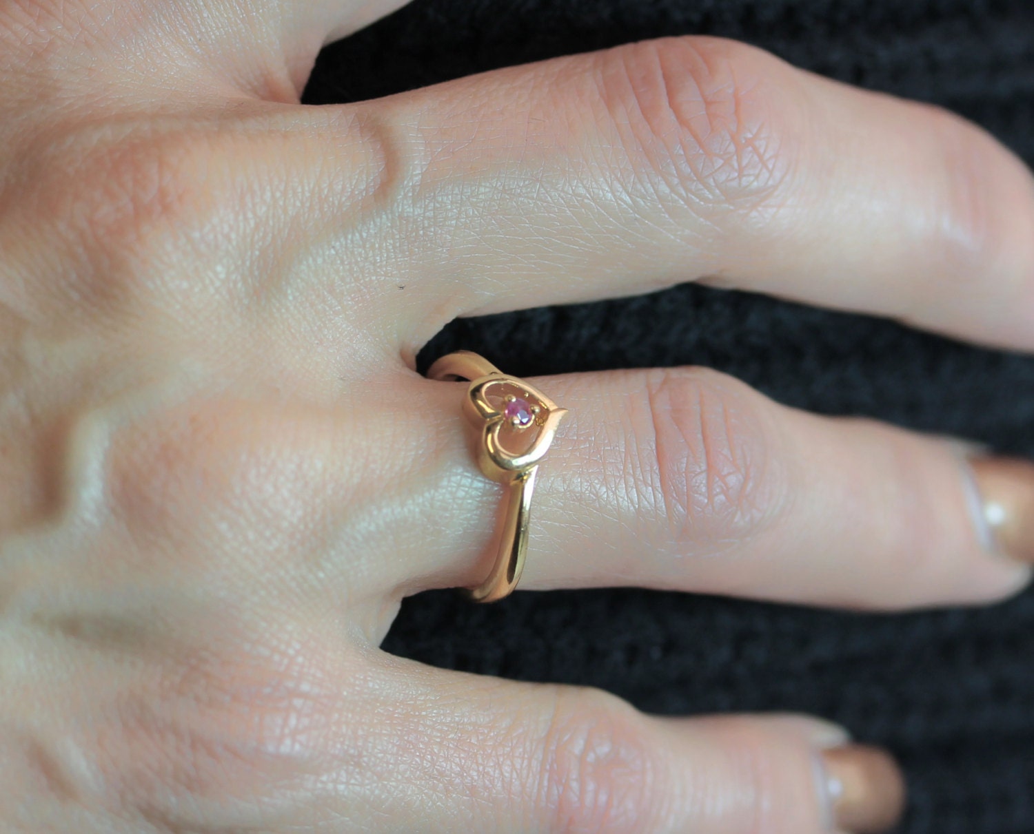 Vintage 1970s Genuine Emerald 18k Gold Electroplated Heart Ring - Made in USA jewelry image 1