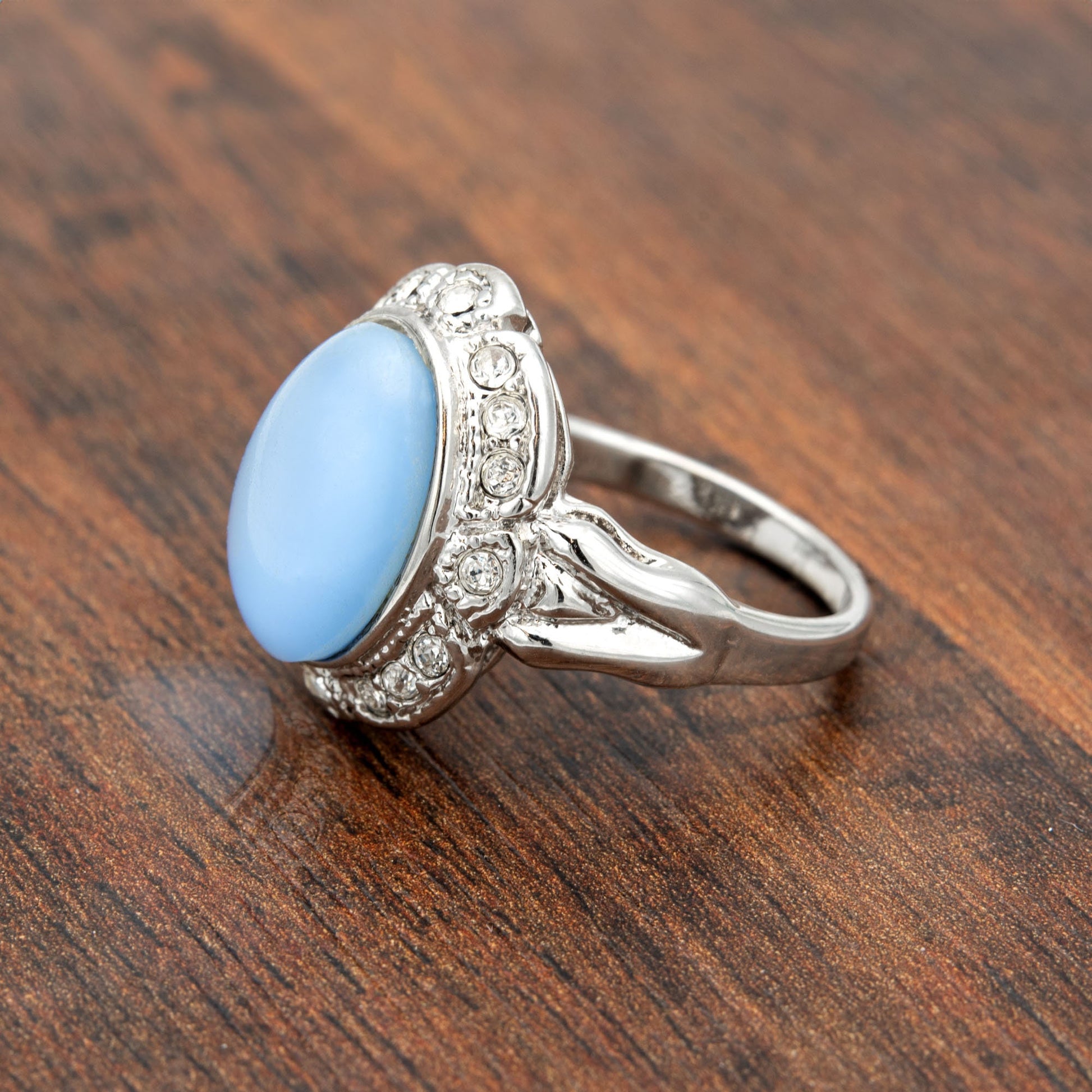Genuine Blue Moonstone Ring – Vintage 1970s 18k White Gold Electroplated with Clear Austrian Crystals #R1730 jewelry image 1