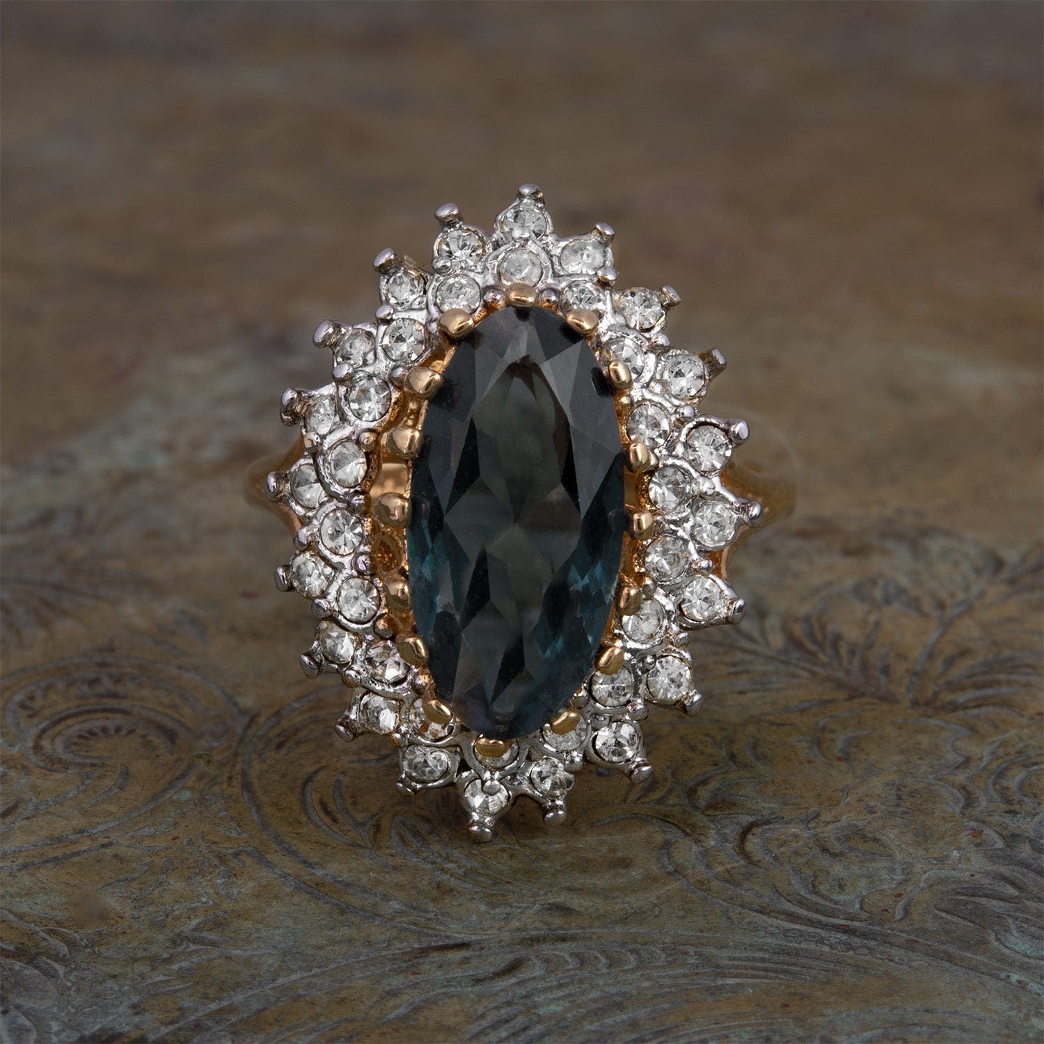 Vintage Sapphire Austrian Crystal Cocktail Ring - 18k Gold Electroplated jewelry image 1
