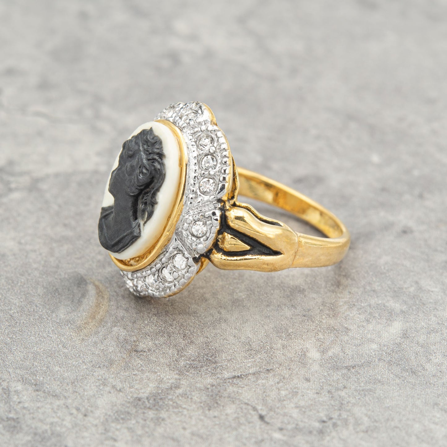 Vintage 1970s Black on White Cameo Ring with Clear Austrian Crystals - 18k Gold Plated jewelry image 1