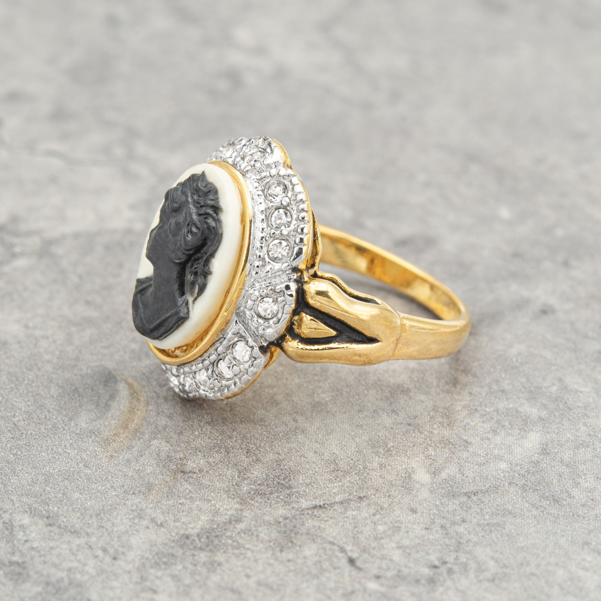 Vintage 1970s Black on White Cameo Ring with Clear Austrian Crystals - 18k Gold Plated jewelry image 1