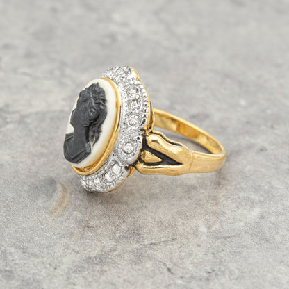 Vintage 1970s Black on White Cameo Ring with Clear Austrian Crystals - 18k Gold Plated jewelry image 1