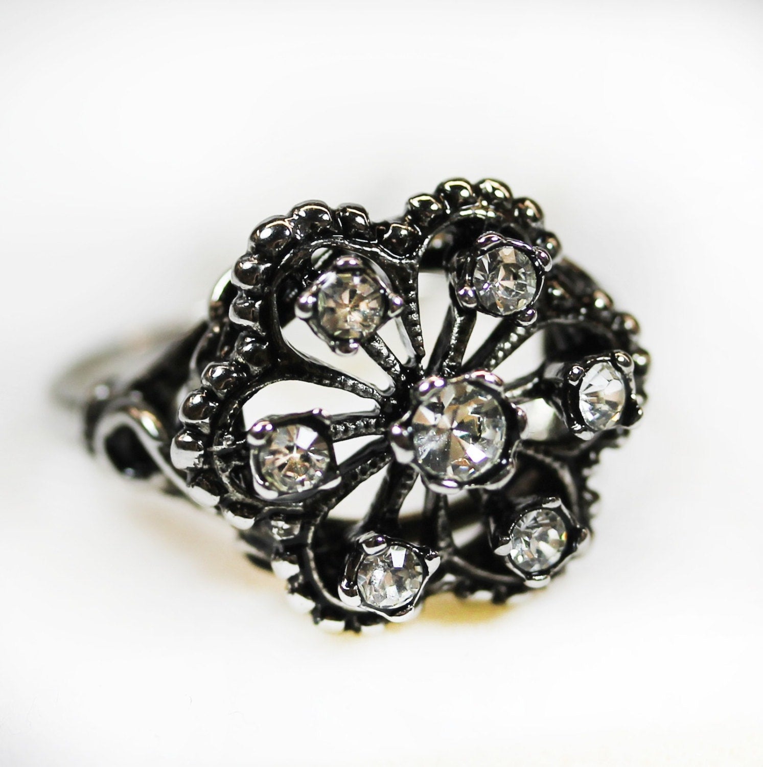 Vintage Filigree Ring with Clear Austrian Crystals - 18k White Gold Electroplated Antiqued Silver Tone jewelry image 1