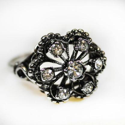 Vintage Filigree Ring with Clear Austrian Crystals - 18k White Gold Electroplated Antiqued Silver Tone jewelry image 1