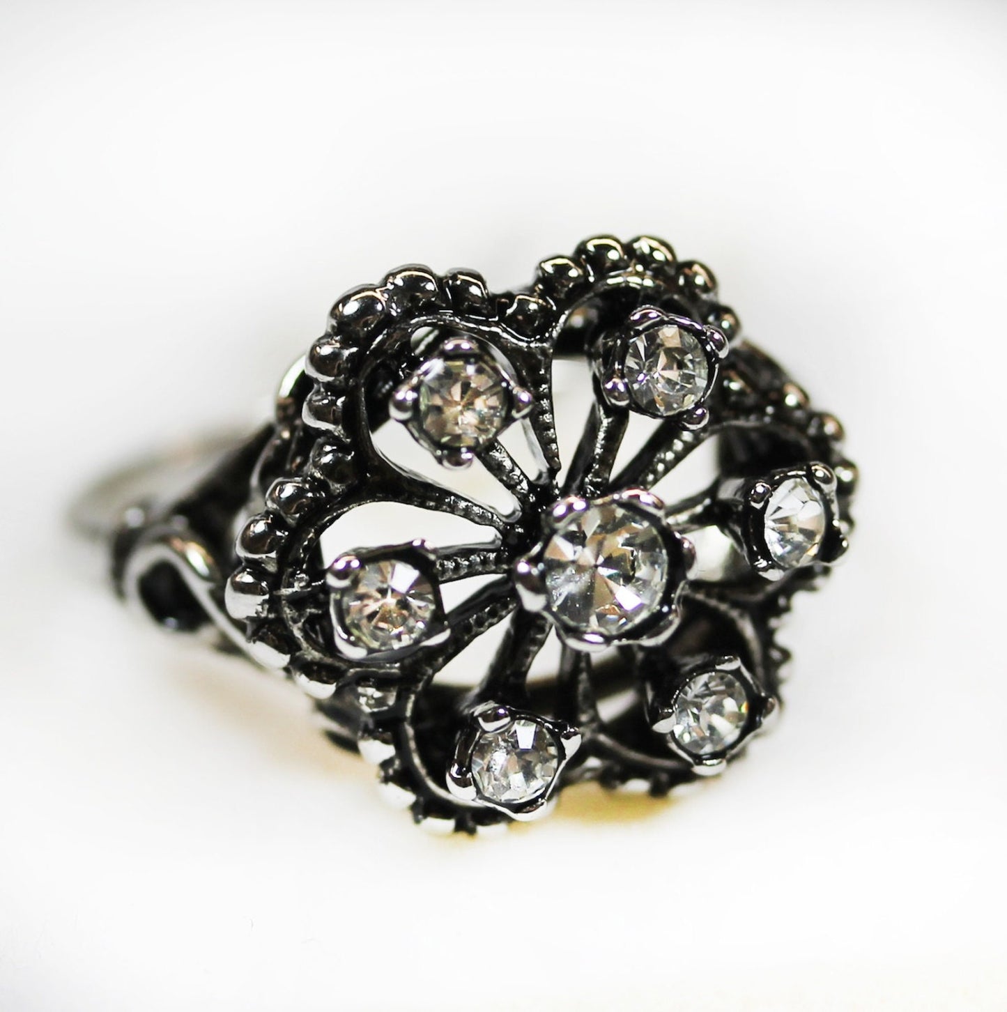 Vintage Filigree Ring with Clear Austrian Crystals - 18k White Gold Electroplated jewelry image 1