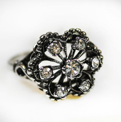 Vintage Filigree Ring with Clear Austrian Crystals - 18k White Gold Electroplated jewelry image 1