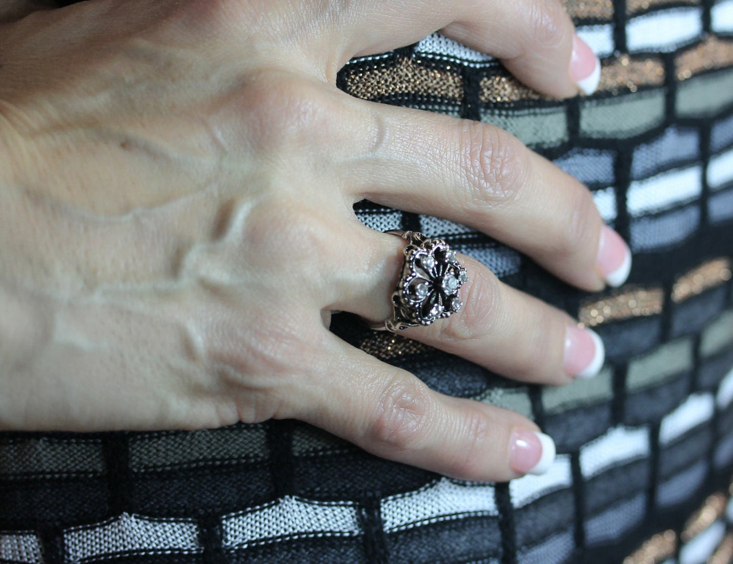 Vintage Filigree Ring with Clear Austrian Crystals - 18k White Gold Electroplated jewelry image 1