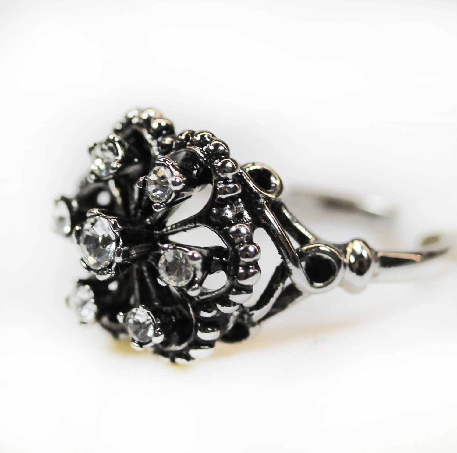 Vintage Filigree Ring with Clear Austrian Crystals - 18k White Gold Electroplated jewelry image 1