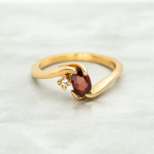 Vintage Genuine Ruby Cabochon and Clear Austrian Crystal Ring - 18k Gold Electroplated jewelry image 1