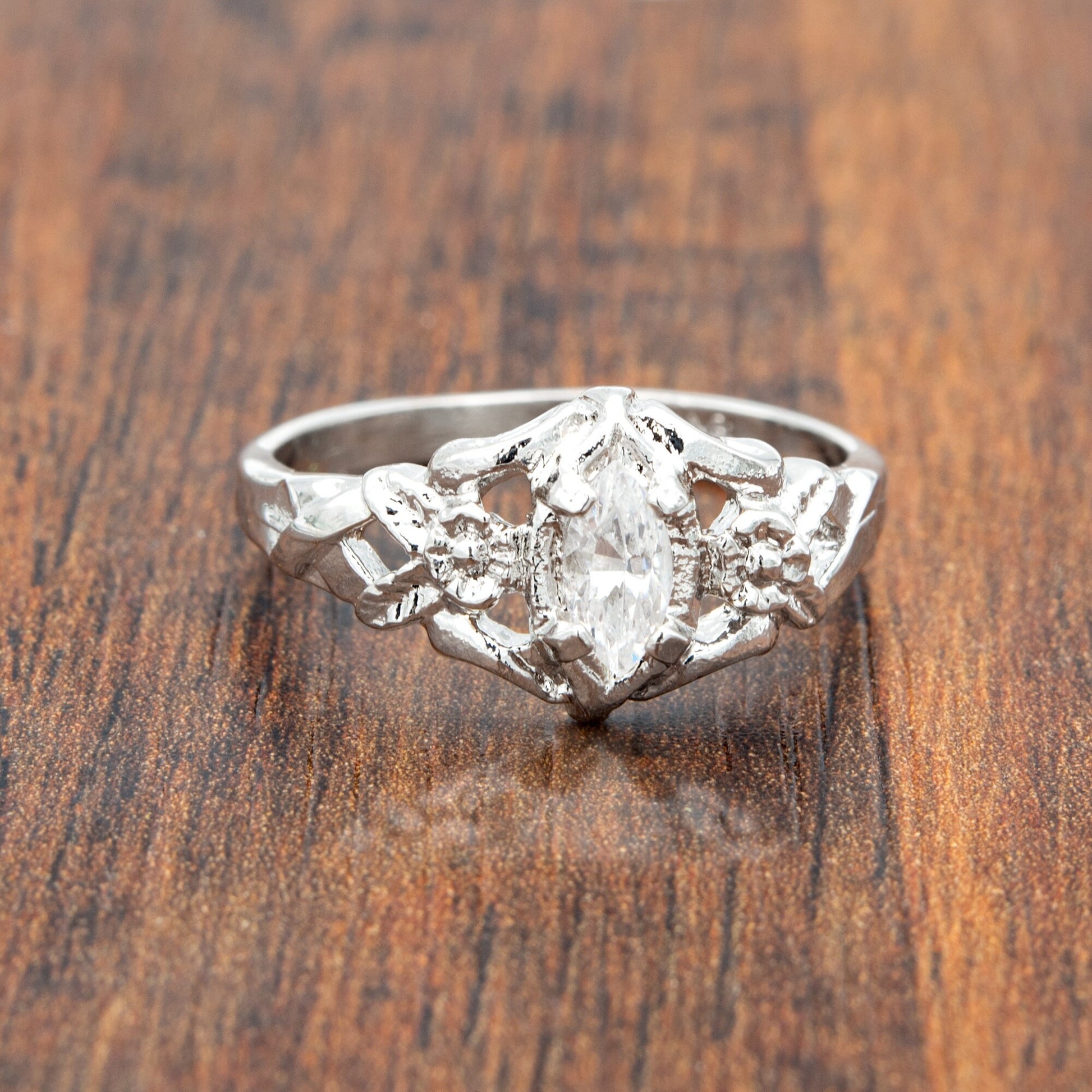 Vintage Cubic Zirconia Marquise Nugget Ring - 18k White Gold Electroplated - Made in USA jewelry image 1
