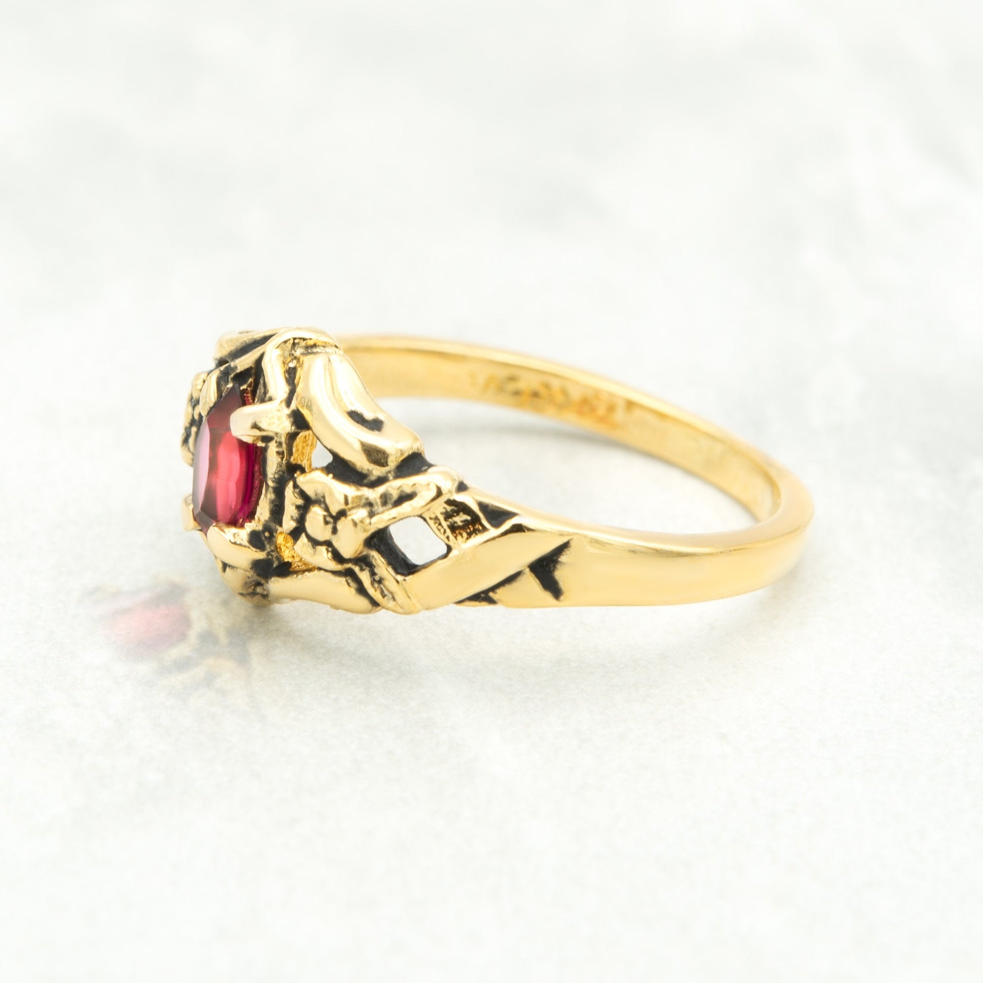 Vintage Siam Red Marquise Crystal Ring - 18k Gold Electroplated Antiqued Floral Design - Made in USA jewelry image 1