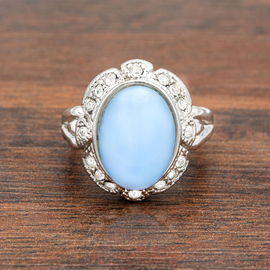 Genuine Blue Moonstone Ring – Vintage 1970s 18k White Gold Electroplated with Clear Austrian Crystals #R1730 jewelry image 1