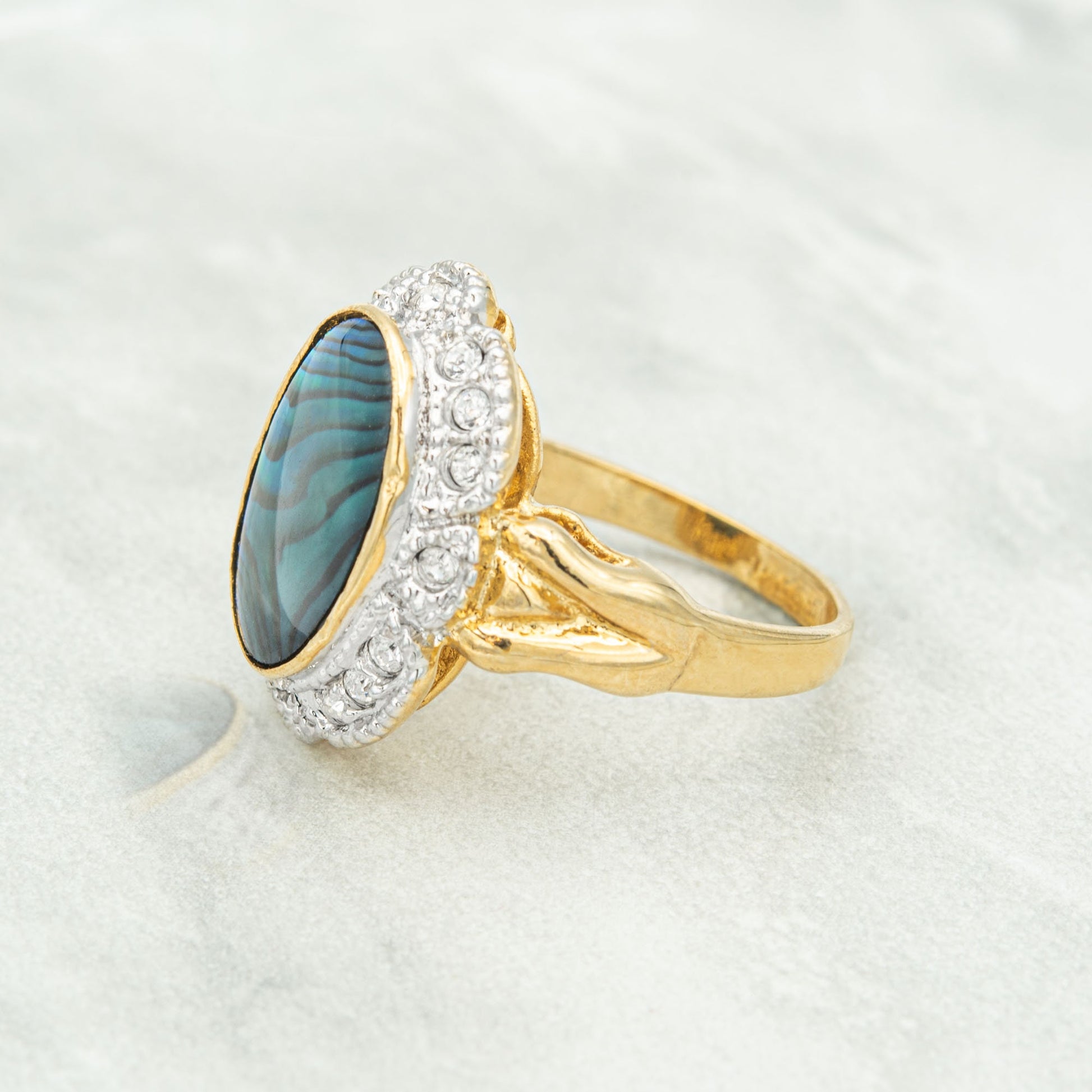 Vintage 1970s Genuine Blue Abalone Stone Ring with Clear Austrian Crystals – 18k Yellow Gold Plated #R1730 jewelry image 1