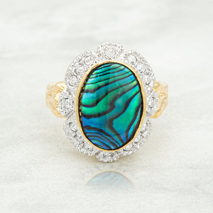 Vintage 1970s Genuine Blue Abalone Stone Ring with Clear Austrian Crystals – 18k Yellow Gold Plated #R1730 jewelry image 1