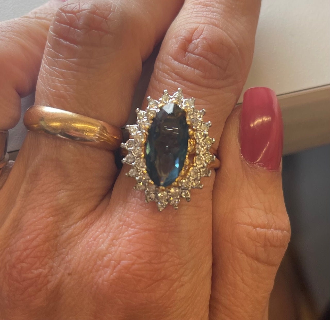 Vintage Aquamarine Austrian Crystal Cocktail Ring – 18k Gold Electroplated jewelry image 1