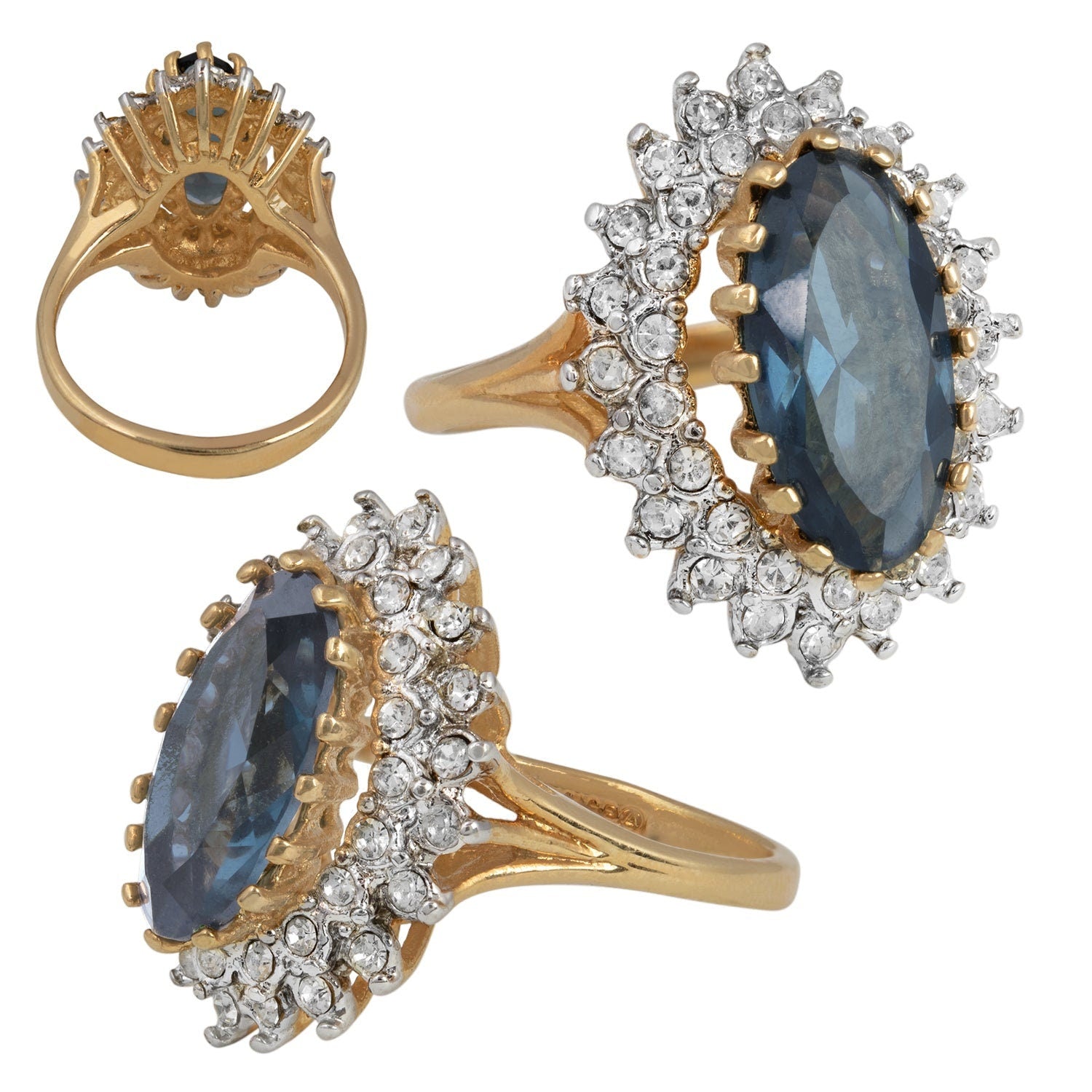 Vintage Sapphire Austrian Crystal Cocktail Ring - 18k Gold Electroplated jewelry image 1