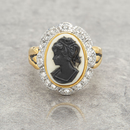 Vintage 1970s Black on White Cameo Ring with Clear Austrian Crystals - 18k Gold Plated jewelry image 1