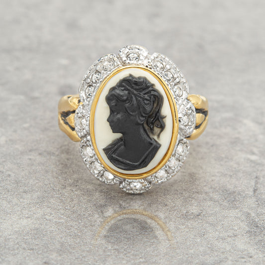 Vintage 1970s Black on White Cameo Ring with Clear Austrian Crystals - 18k Gold Plated jewelry image 1