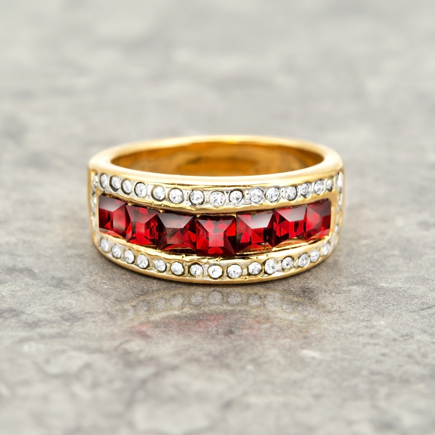 Vintage 1970s Ruby Red Austrian Crystal Band Ring - 18k Gold Electroplated jewelry image 1
