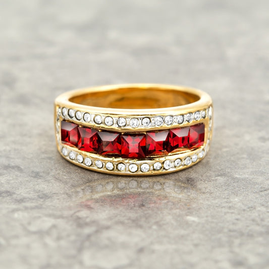 Vintage 1970s Ruby Red Austrian Crystal Band Ring - 18k Gold Electroplated jewelry image 1