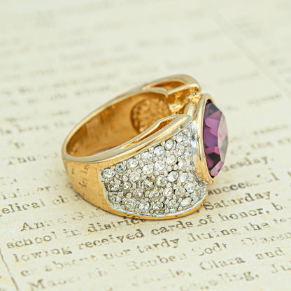 Vintage Amethyst Austrian Crystal Cocktail Ring - 18k Yellow Gold Electroplated jewelry image 1