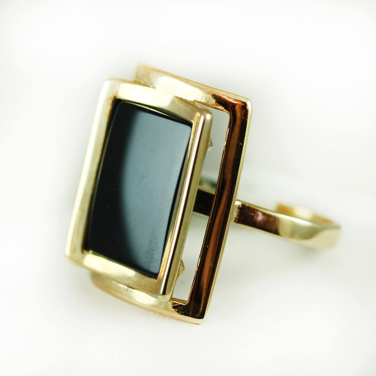 Vintage genuine onyx rectangle cocktail ring with 18k gold electroplated setting