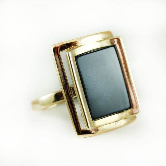 Vintage genuine onyx rectangle cocktail ring with 18k gold electroplated setting
