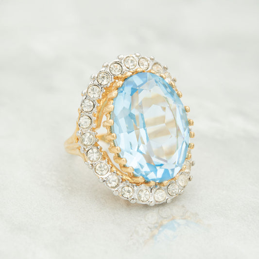 Vintage Aquamarine Austrian Crystal Cocktail Ring - 18k Gold Electroplated, Made in USA jewelry image 1