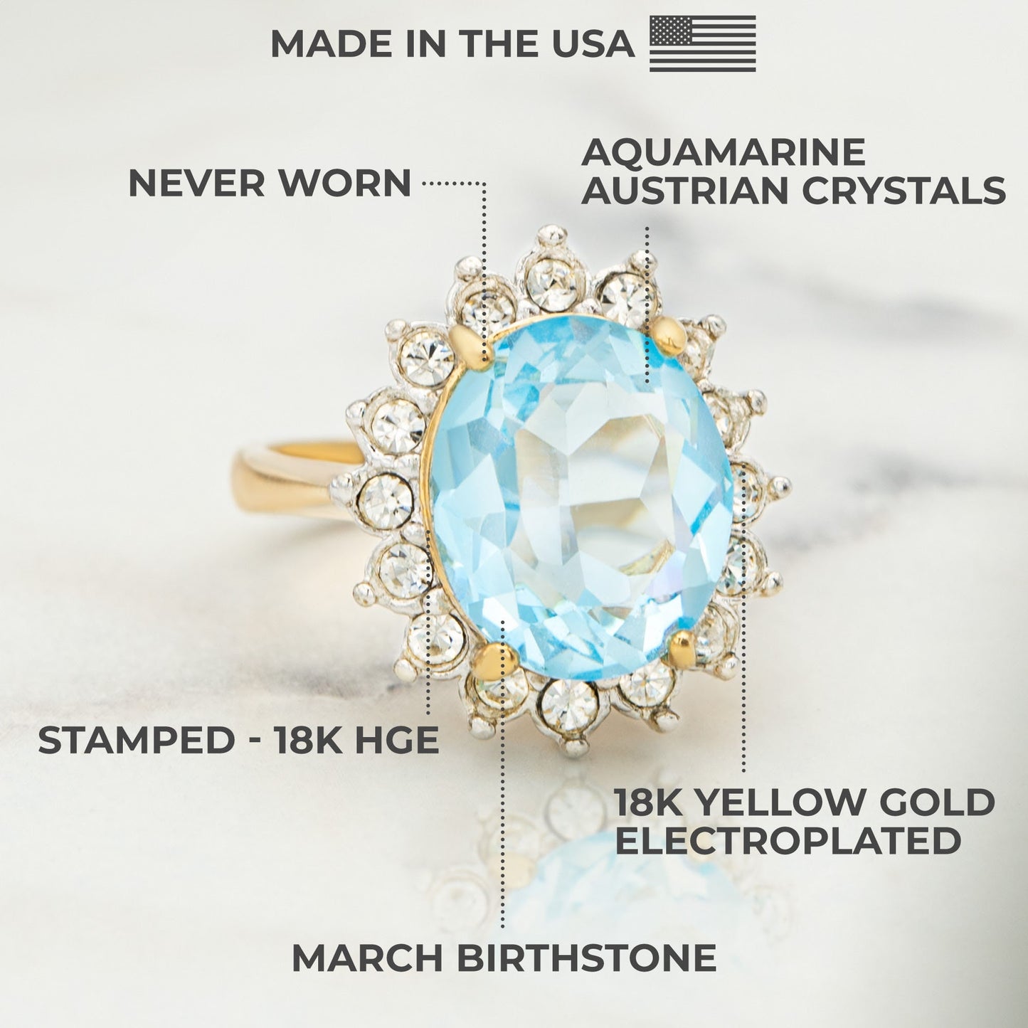 Vintage 1970s Aquamarine Austrian Crystal Cocktail Ring - 18k Gold Electroplated - Made in USA jewelry image 1