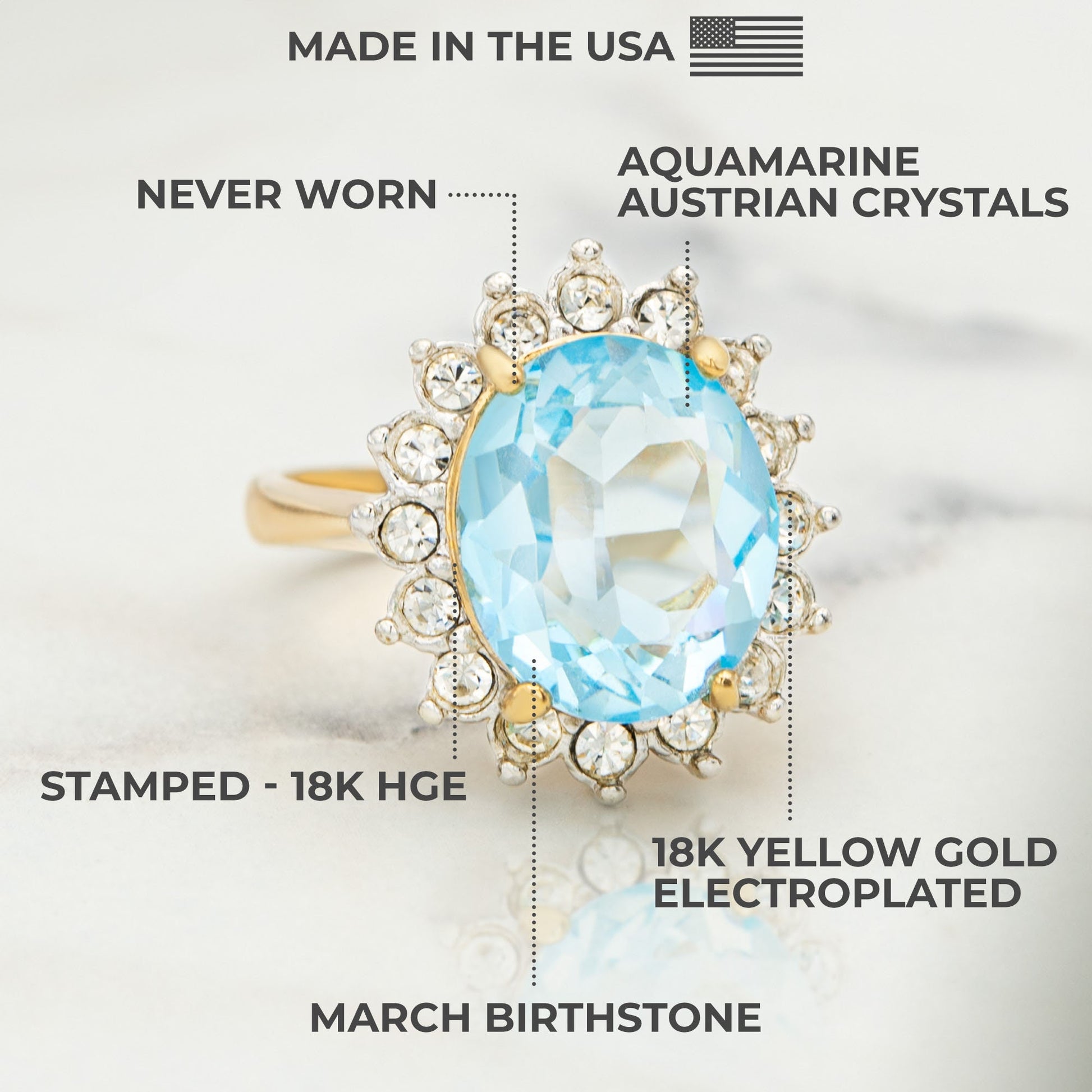Vintage 1970s Aquamarine Austrian Crystal Cocktail Ring - 18k Gold Electroplated - Made in USA jewelry image 1