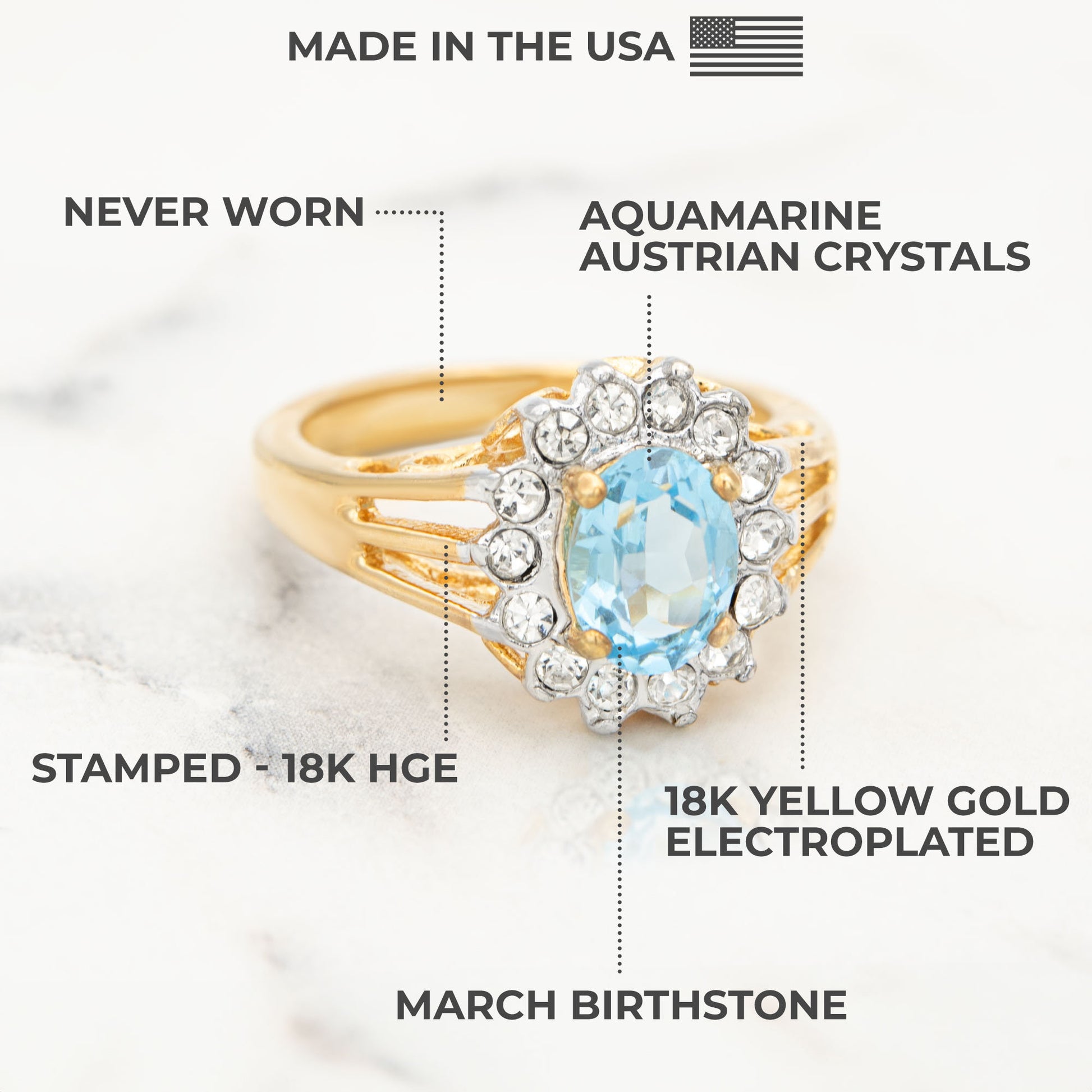 Vintage Aquamarine Crystal Halo Ring - 18kt HGE Gold Electroplated with Austrian Crystals, Made in USA jewelry image 1