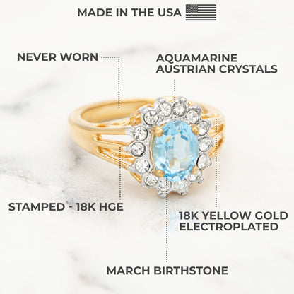 Vintage Aquamarine Crystal Halo Ring - 18kt HGE Gold Electroplated with Austrian Crystals, Made in USA jewelry image 1