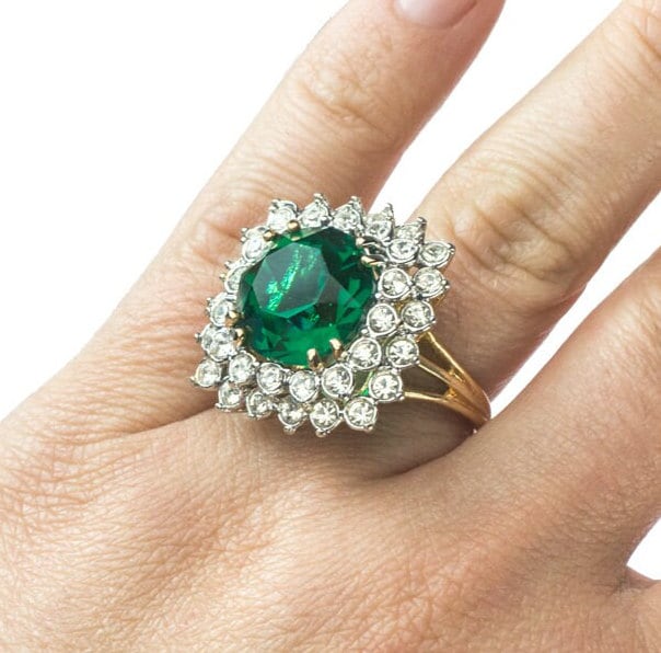Vintage Emerald and Clear Austrian Crystal Cocktail Ring – 18k Yellow Gold Electroplated jewelry image 1