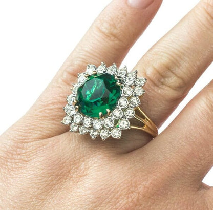 Vintage Emerald and Clear Austrian Crystal Cocktail Ring – 18k Yellow Gold Electroplated jewelry image 1