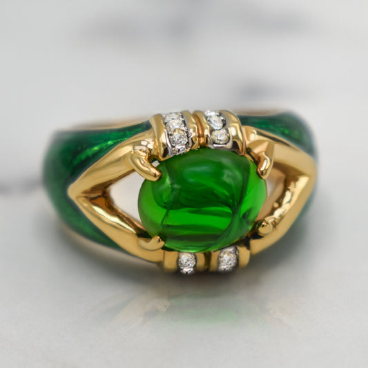 Vintage 1990s Emerald Green Cabochon Crystal and Clear Crystals Dome Ring - 18k HGE with Hand Painted Epoxy jewelry image 1