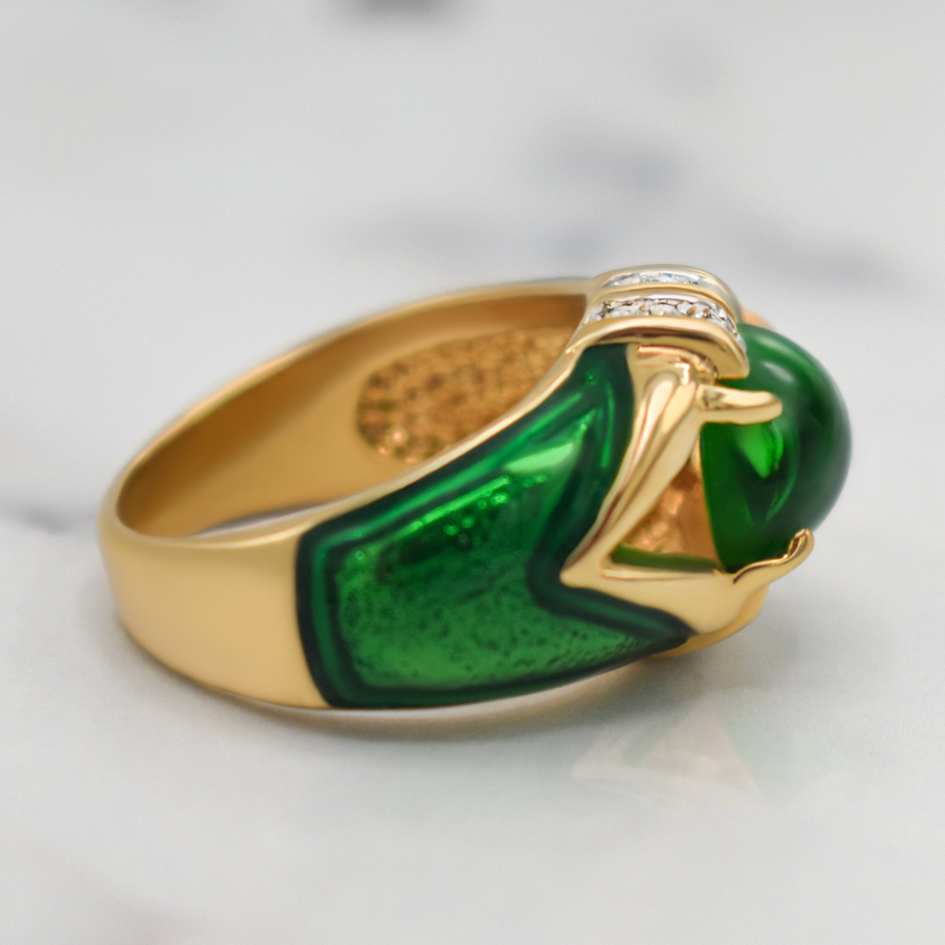 Vintage 1990s Emerald Green Cabochon Crystal and Clear Crystals Dome Ring - 18k HGE with Hand Painted Epoxy jewelry image 1