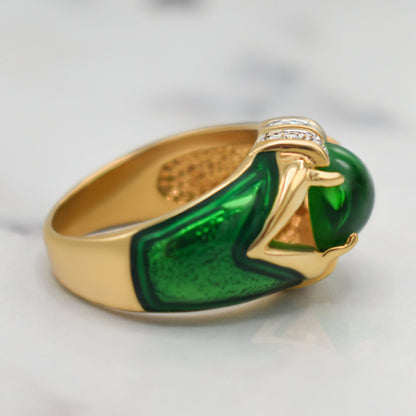 Vintage 1990s Emerald Green Cabochon Crystal and Clear Crystals Dome Ring - 18k HGE with Hand Painted Epoxy jewelry image 1
