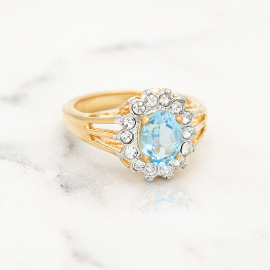 Vintage Aquamarine Crystal Halo Ring - 18kt HGE Gold Electroplated with Austrian Crystals, Made in USA jewelry image 1