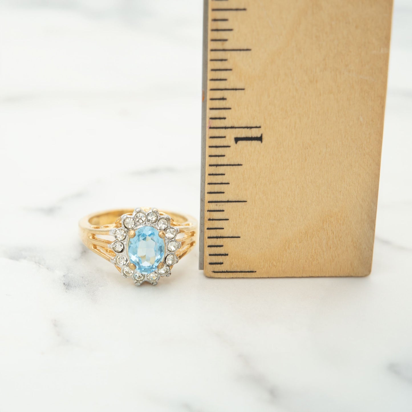 Vintage Aquamarine Crystal Halo Ring - 18kt HGE Gold Electroplated with Austrian Crystals, Made in USA jewelry image 1