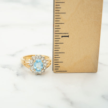 Vintage Aquamarine Crystal Halo Ring - 18kt HGE Gold Electroplated with Austrian Crystals, Made in USA jewelry image 1